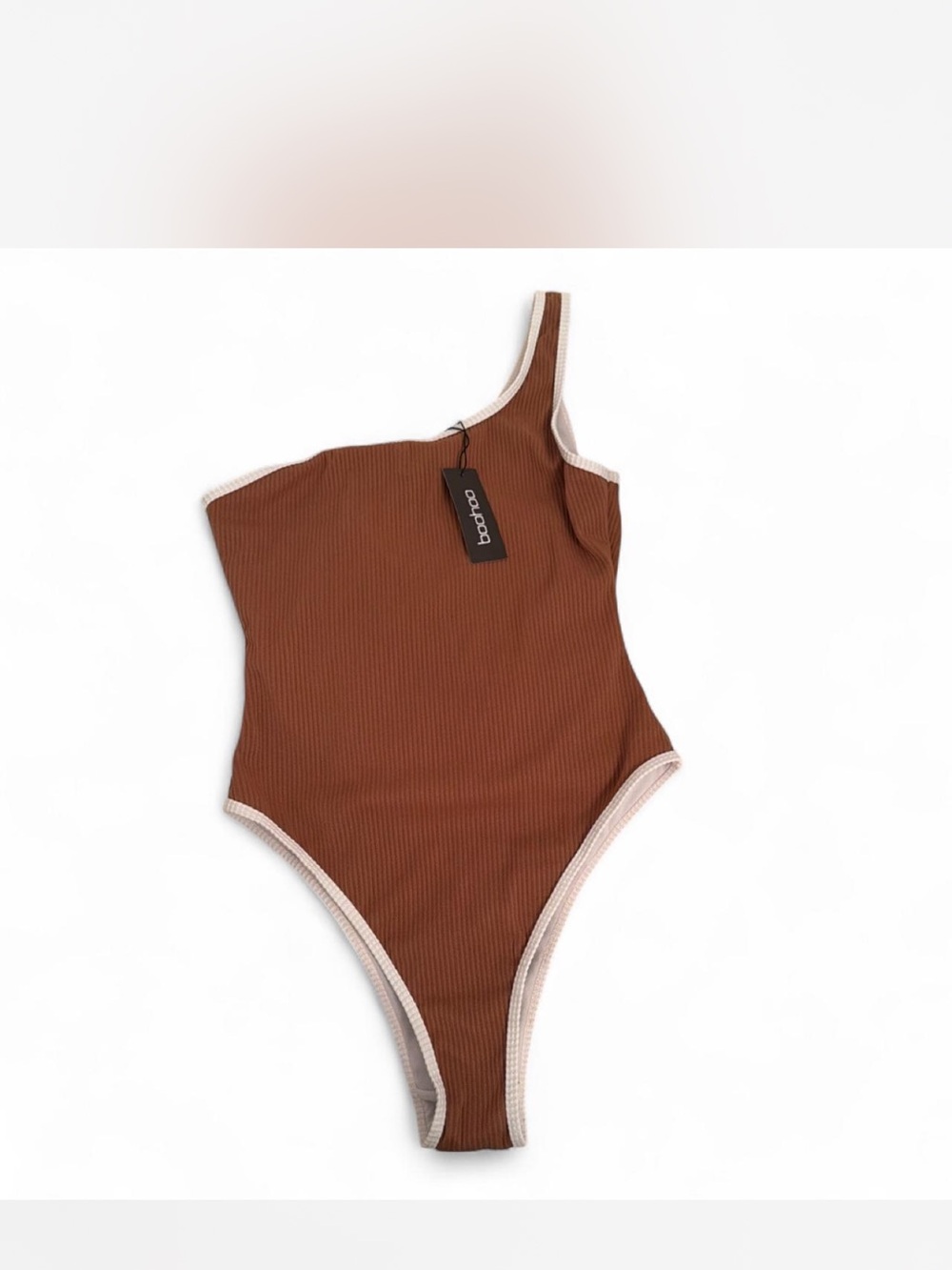 One-Shoulder Ribbed swimsuit in Brown with Cream Trim